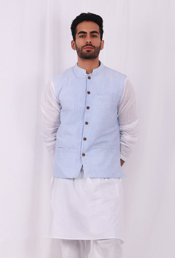Sky Blue Hand Block Nehru Jacket